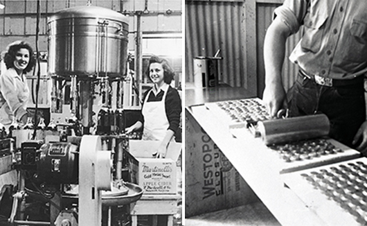WWII posed a unique hardship for the family business. Left: Two young women, including Alice Martinelli, keep the factory running as men went to war. Right: A young man prepares bottle caps to be recycled in response to WWII metal shortages.)